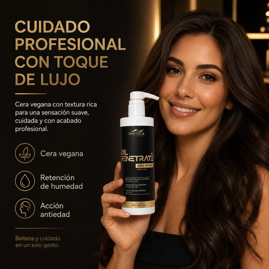 Mujer sonriente sosteniendo Phytoca USA Oil Penetrate, tratamiento capilar vegano con cera de candelilla y aceites.