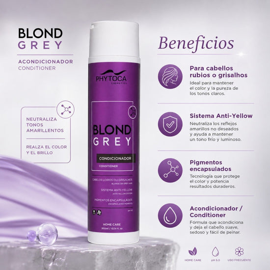 Acondicionador Phytoca USA Blond Grey en envase morado para neutralizar tonos amarillos en cabellos rubios o grises.