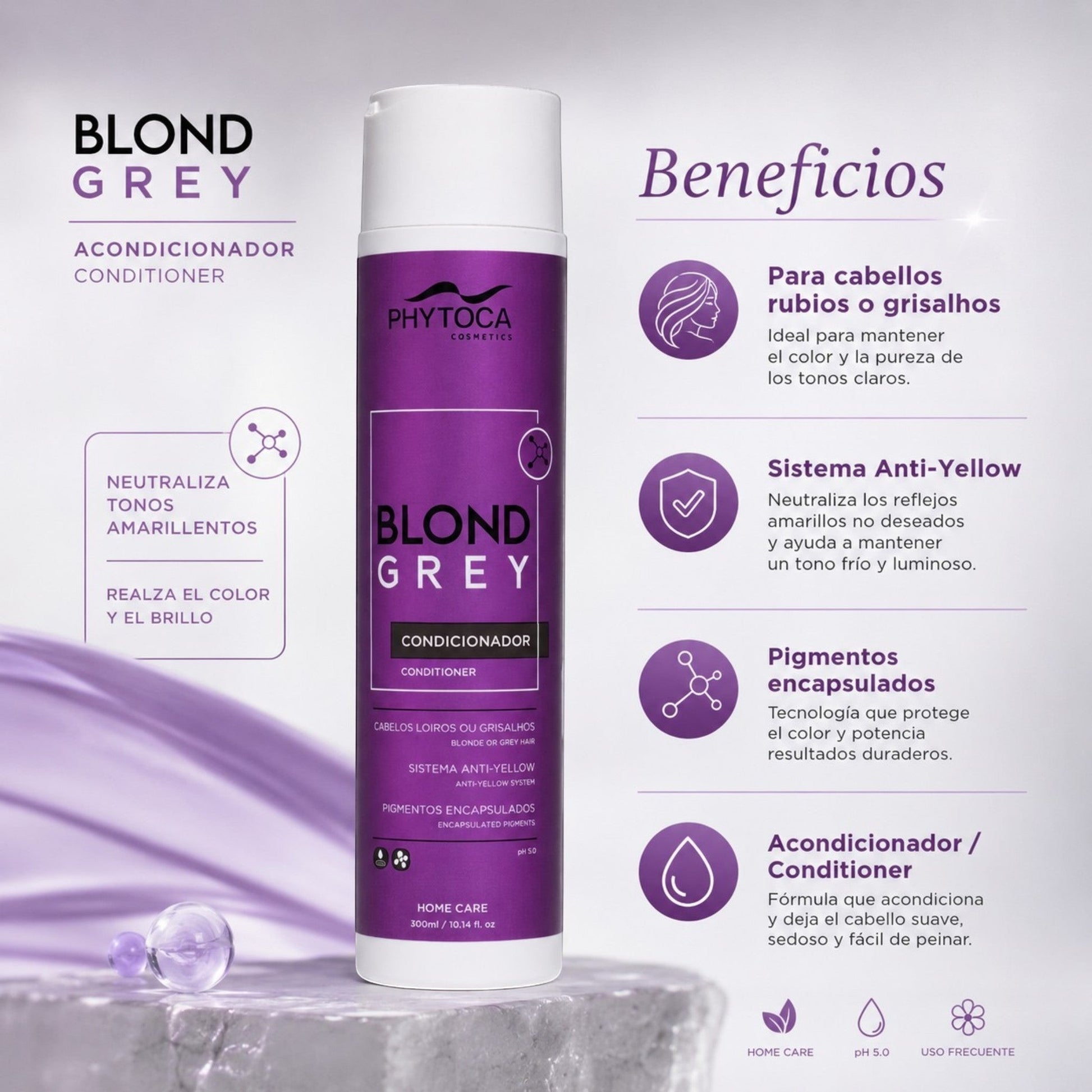Acondicionador Phytoca USA Blond Grey en envase morado para neutralizar tonos amarillentos en cabellos rubios y grises.