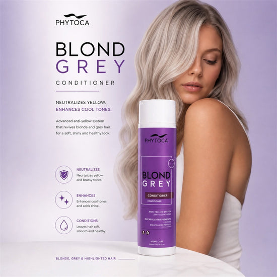 Acondicionador Phytoca USA Blond Grey en envase morado junto a una mujer con cabello rubio platino brillante.