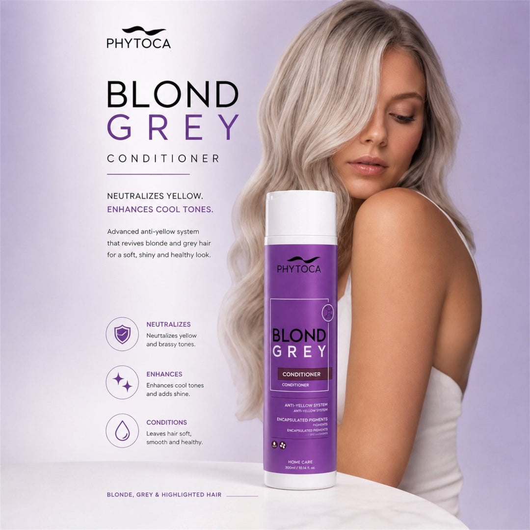 Acondicionador Phytoca USA Blond Grey en envase morado junto a una mujer con cabello rubio platino brillante.