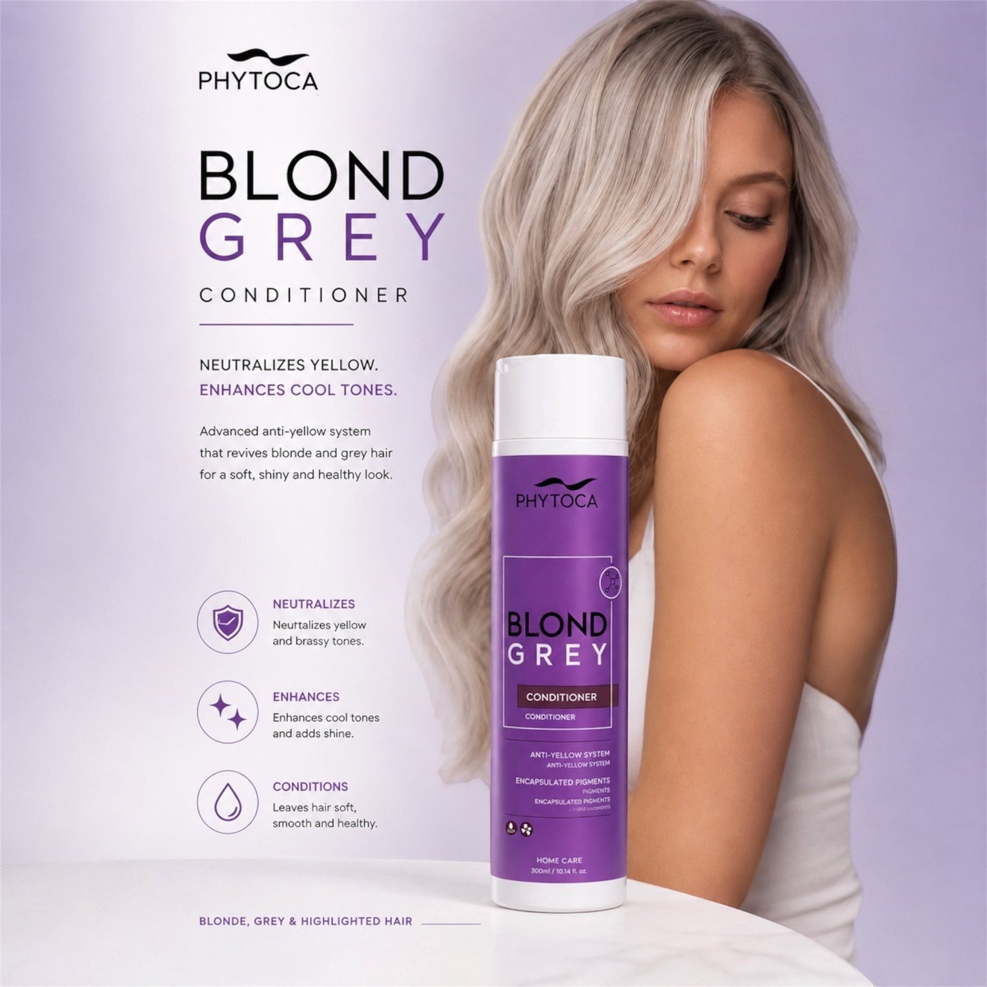 Acondicionador Phytoca USA Blond Grey en envase morado junto a una mujer con cabello rubio platino brillante.