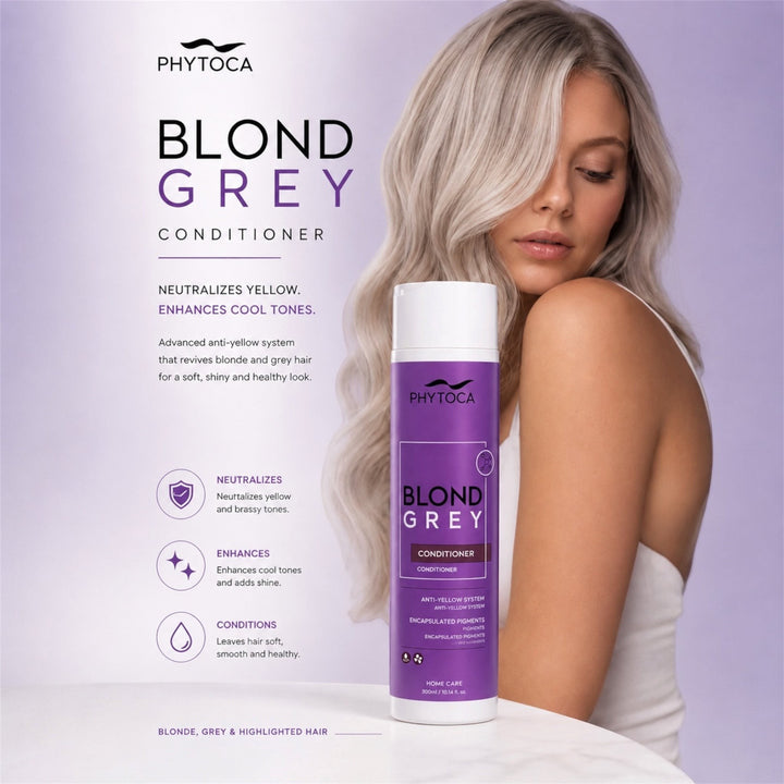 Acondicionador Phytoca USA Blond Grey en envase morado junto a una mujer con cabello rubio platino brillante.