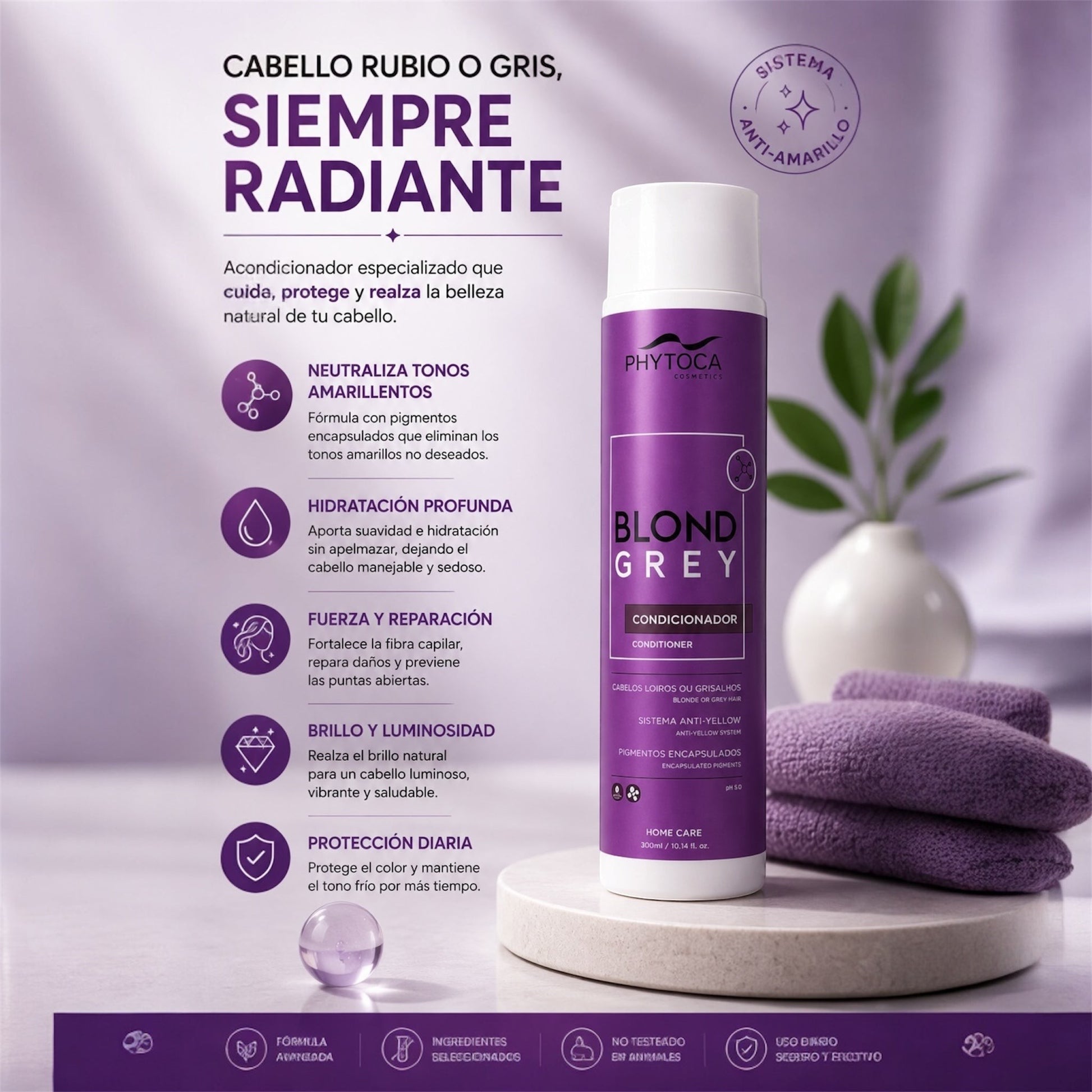 Acondicionador Phytoca USA Blonde Grey en envase morado sobre una base de piedra con toallas y una planta decorativa.
