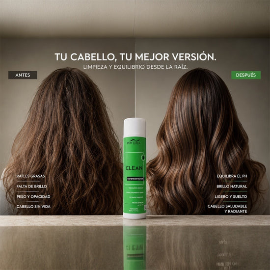 Acondicionador Phytoca USA Clean para cabello graso, mostrado junto a una comparativa de antes y después del cabello.