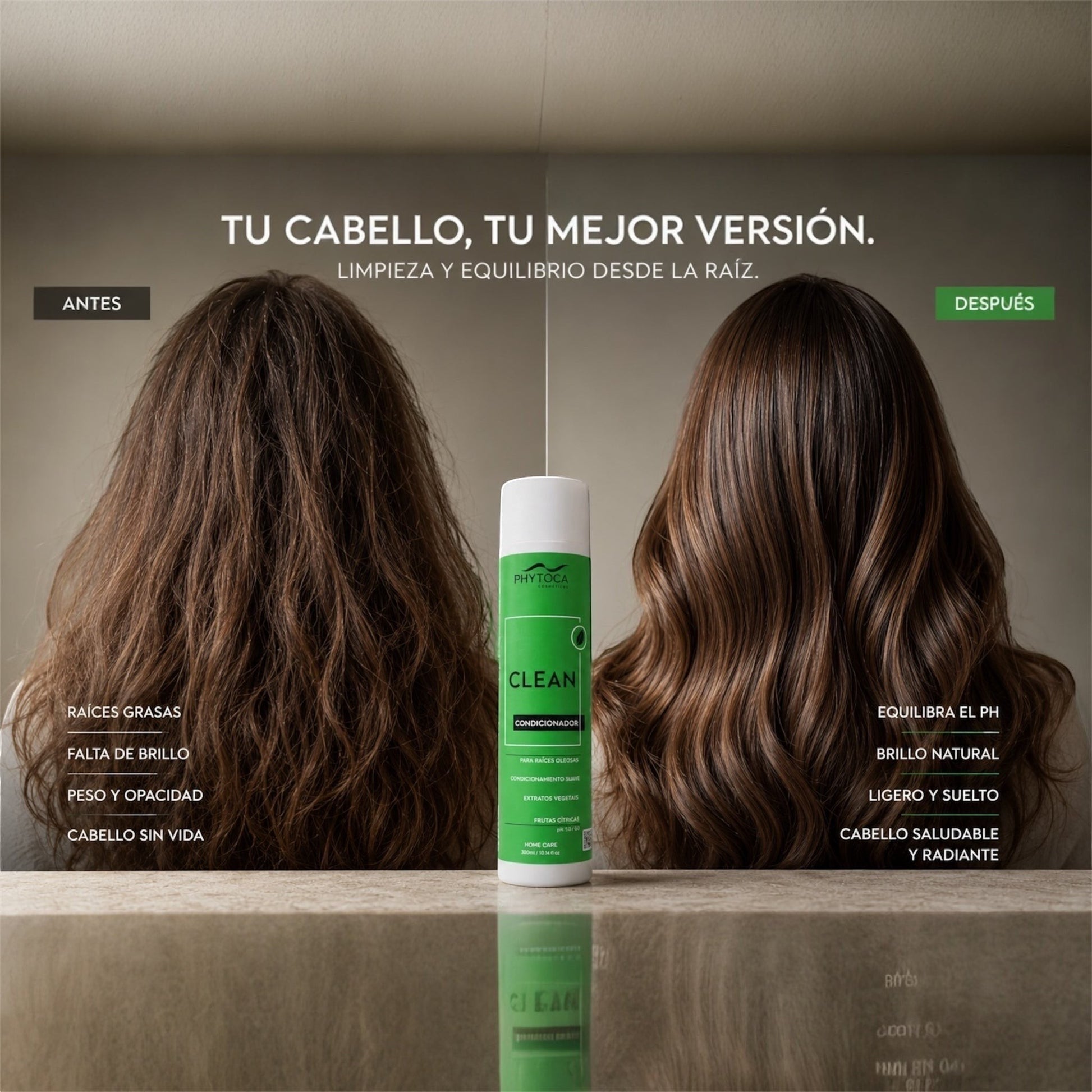 Acondicionador Phytoca USA Clean para cabello graso, mostrado junto a una comparativa de antes y después del cabello.