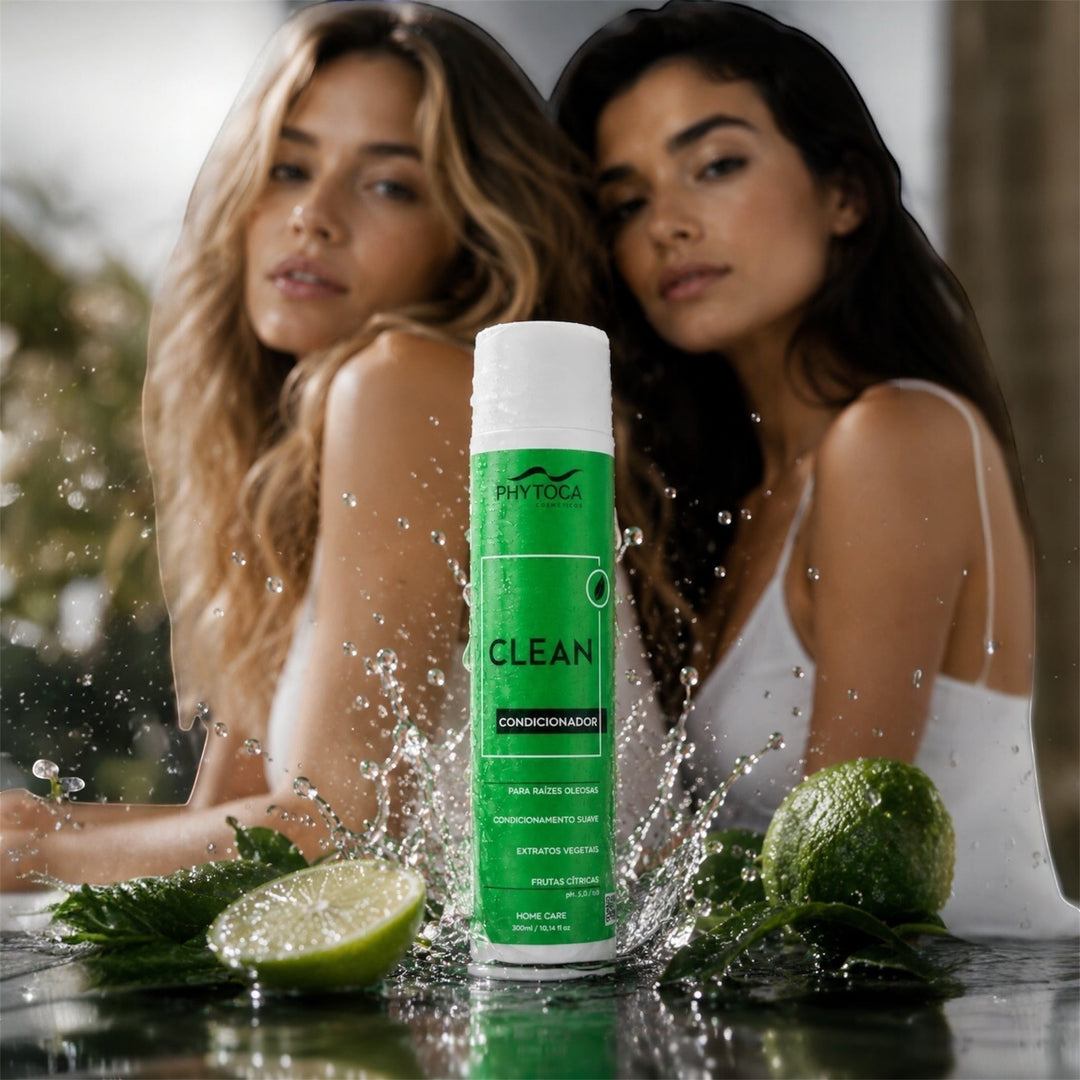 Acondicionador Phytoca USA Clean para cabello graso con extractos cítricos, rodeado de limas frescas y salpicaduras.