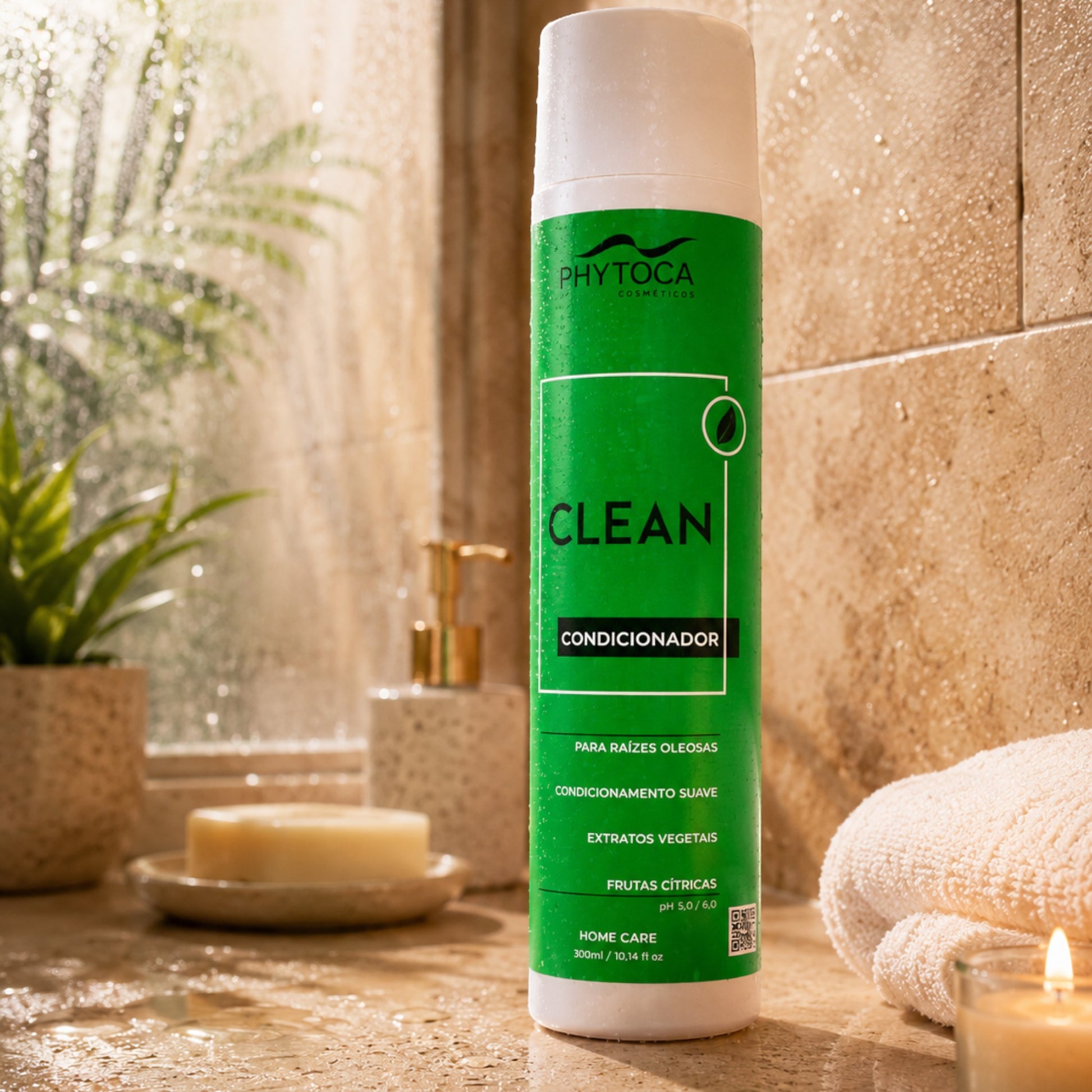 Acondicionador Phytoca USA Clean para cabello graso en envase verde de 300ml sobre una encimera de baño con luz natural.