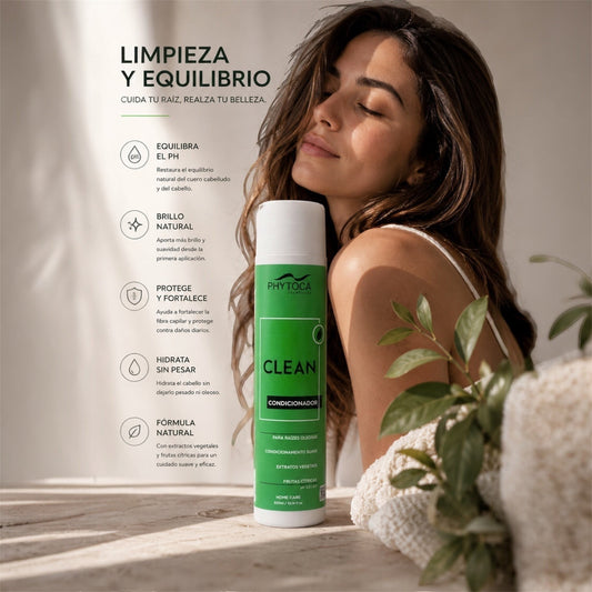 Acondicionador Phytoca USA Clean en envase verde de 300ml junto a una mujer con cabello saludable y brillante.