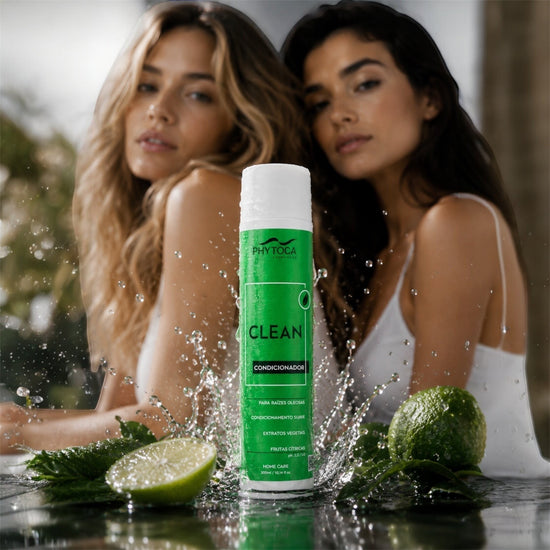 Acondicionador Phytoca USA Clean para cabello graso con extractos cítricos y aminoácidos, rodeado de agua y limas frescas.