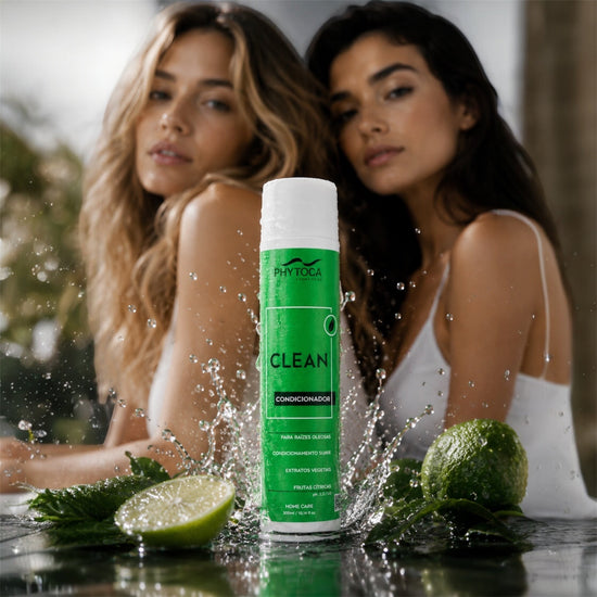 Acondicionador Phytoca USA Clean para cabello graso con extractos cítricos y aminoácidos, presentado con limas frescas.