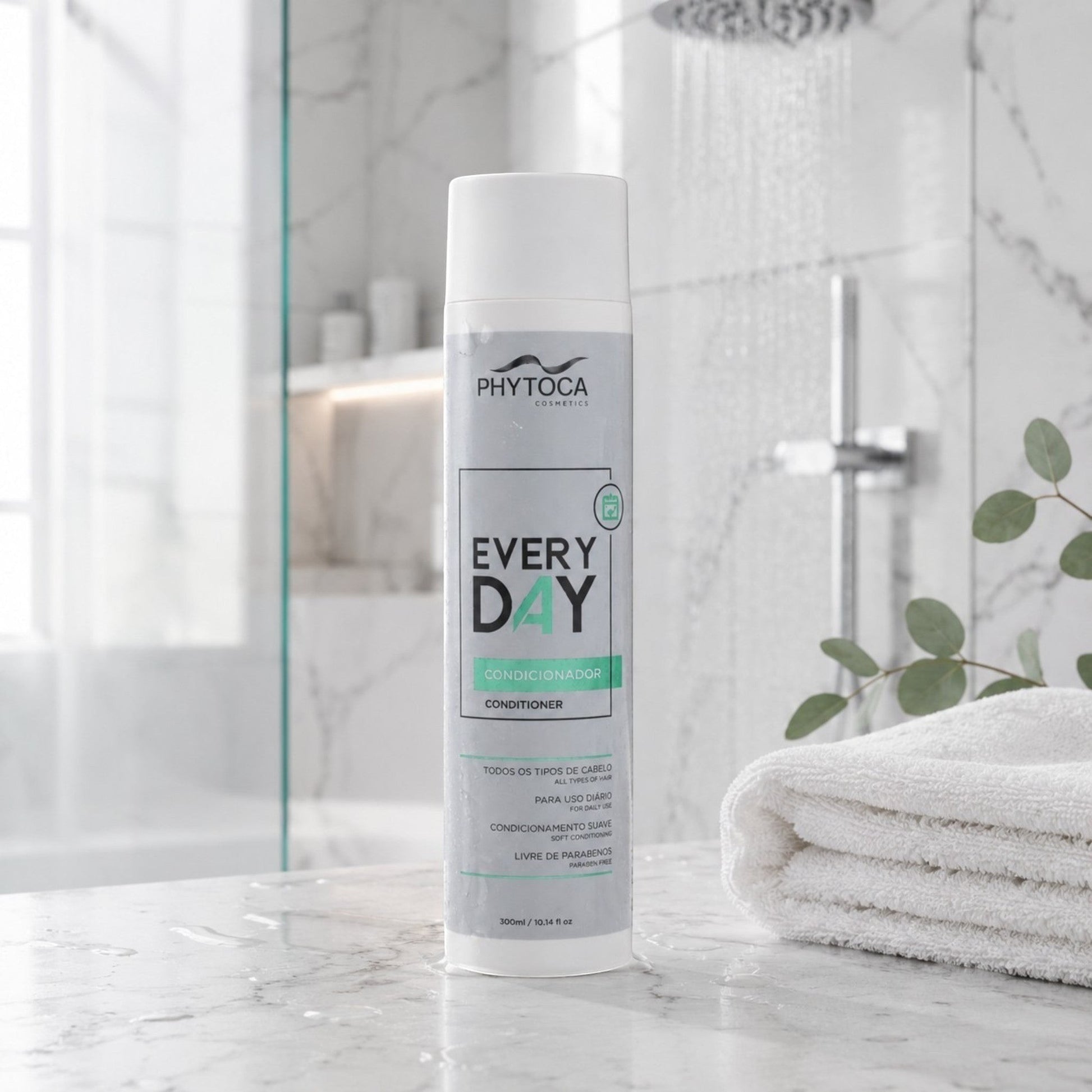 Acondicionador Phytoca USA Every Day en envase blanco sobre encimera de mármol en un baño moderno