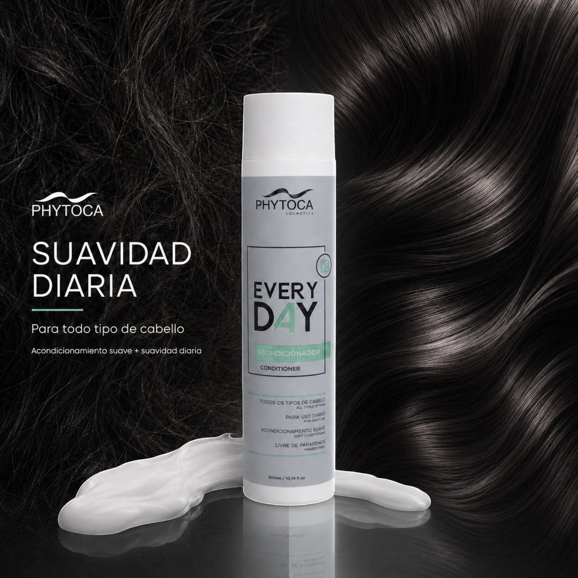 Acondicionador Phytoca USA Every Day para todo tipo de cabello con aceite de coco y siliconas sobre fondo de pelo oscuro