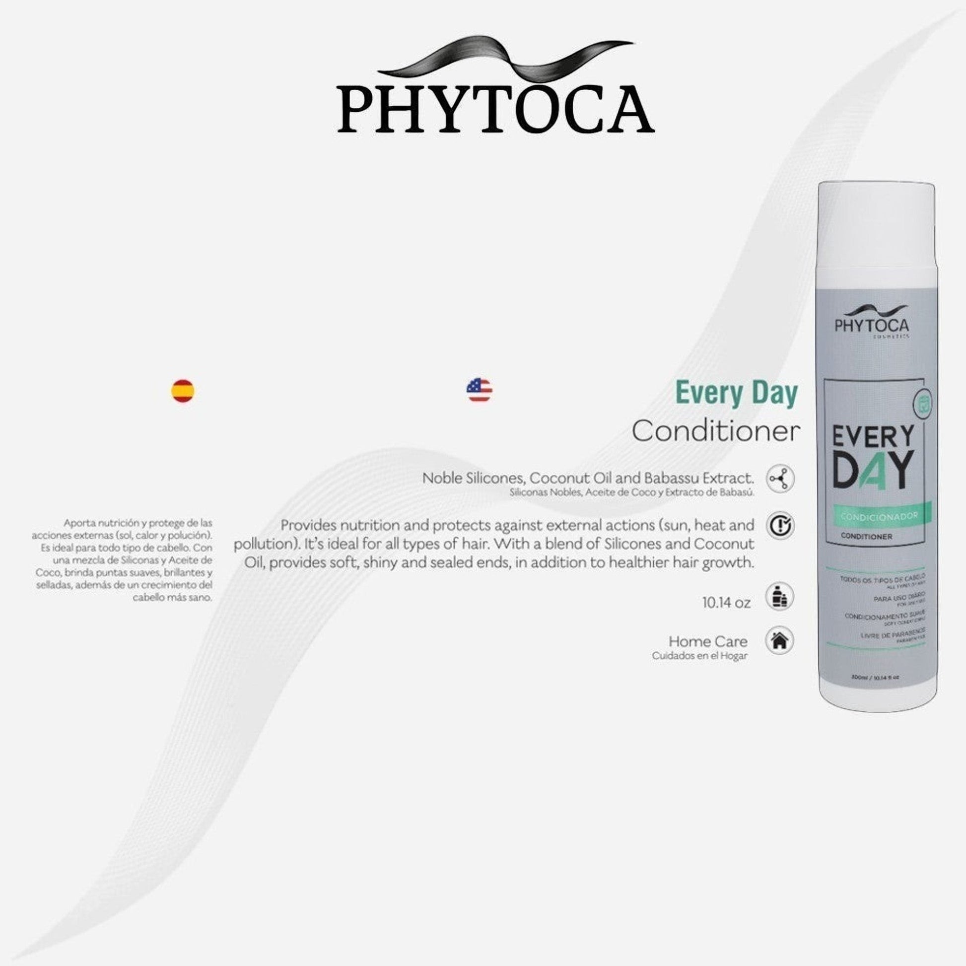Acondicionador Phytoca USA Every Day para todo tipo de cabello con aceite de coco y siliconas en envase cilíndrico