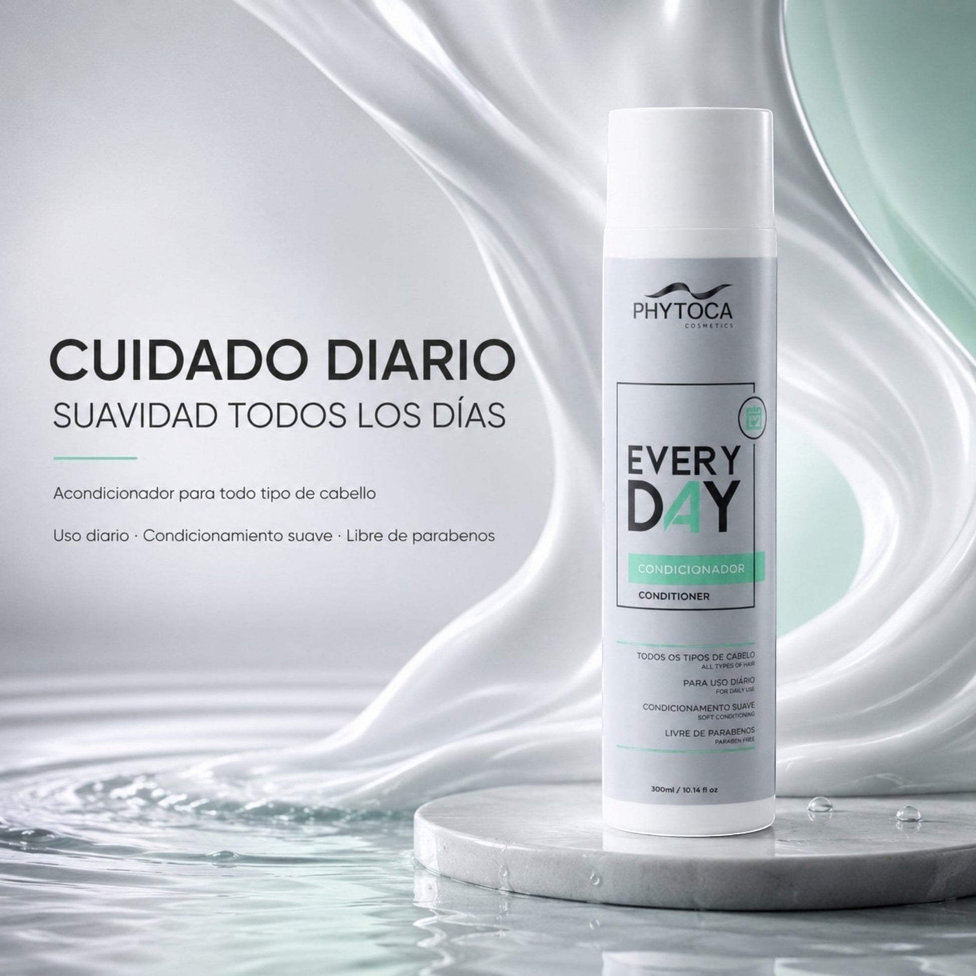 Acondicionador Phytoca USA Every Day para todo tipo de cabello sobre una base de piedra con fondo de agua fluida.