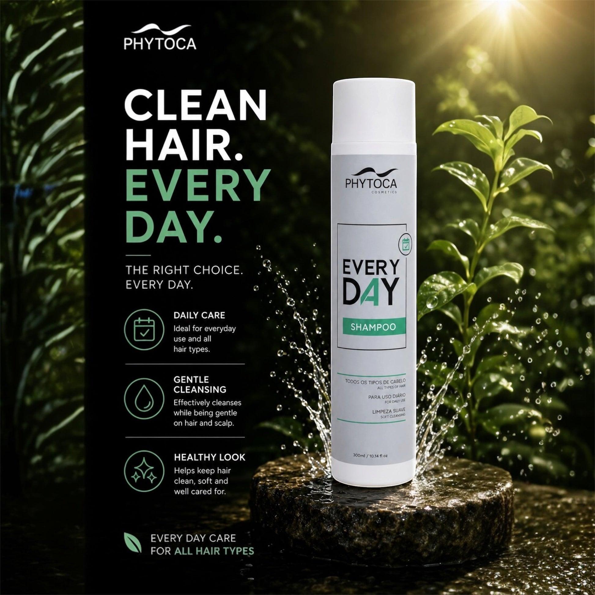 Acondicionador Phytoca USA Every Day en envase blanco sobre una piedra húmeda rodeado de vegetación y agua salpicando.