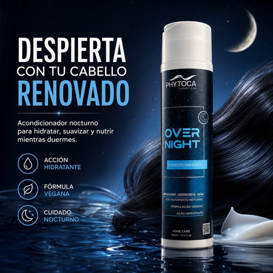 Acondicionador Phytoca USA Overnight en envase cilíndrico azul oscuro con tapa blanca sobre fondo nocturno con cabello
