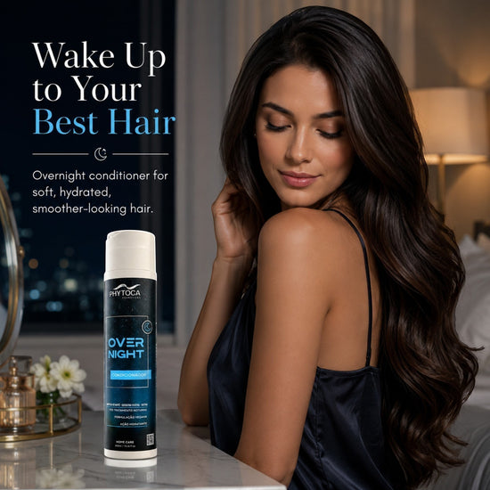 Acondicionador nocturno Phytoca USA para cabello seco, con mujer de pelo largo y brillante en un dormitorio elegante.
