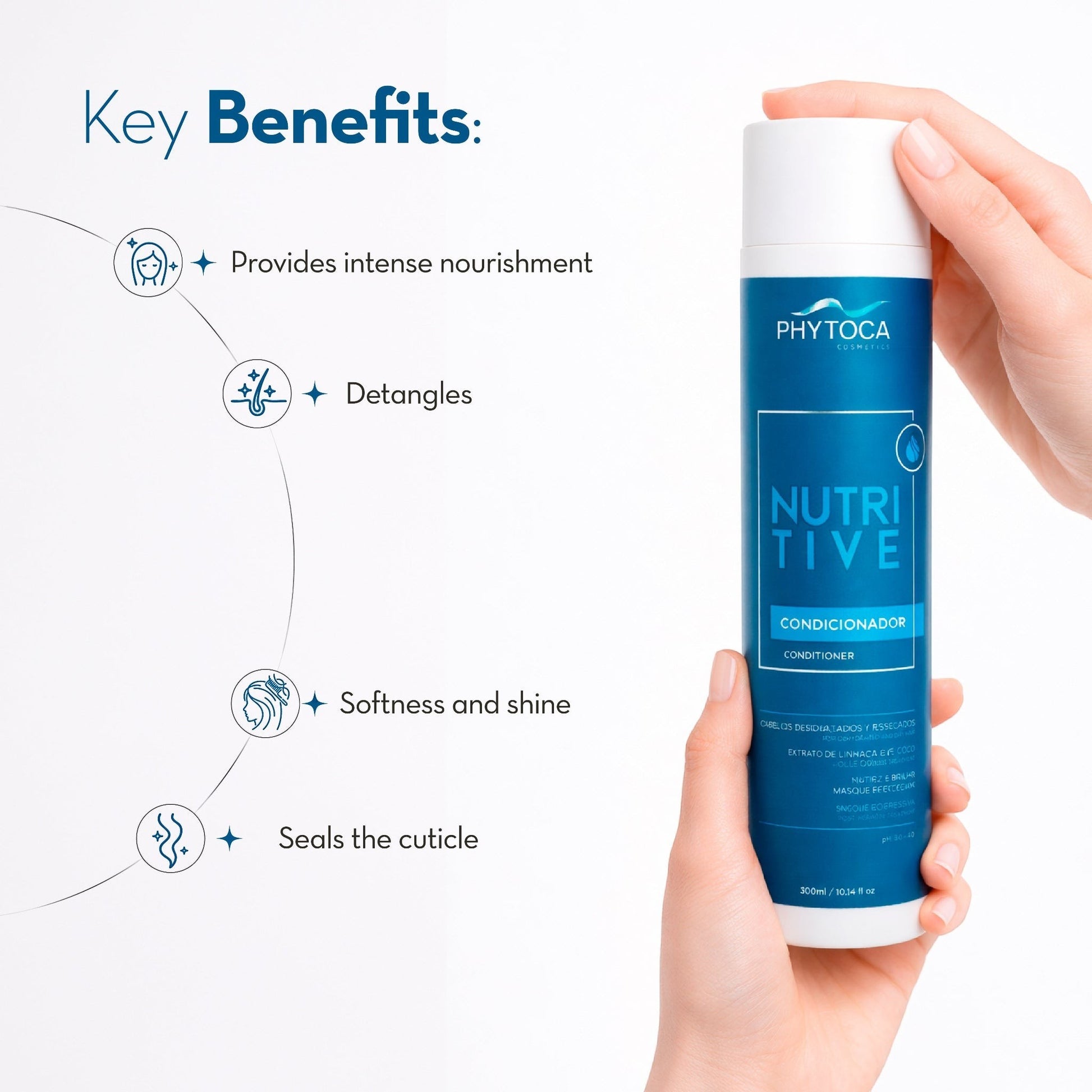 Acondicionador Nutritive de Phytoca USA en frasco azul con beneficios de nutrición, desenredo y sellado de cutículas.
