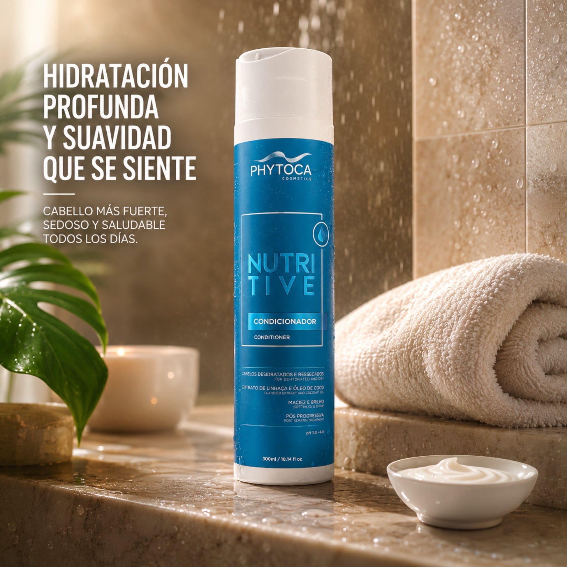Acondicionador Nutritive Phytoca USA en envase azul sobre encimera de mármol con toalla blanca y crema hidratante