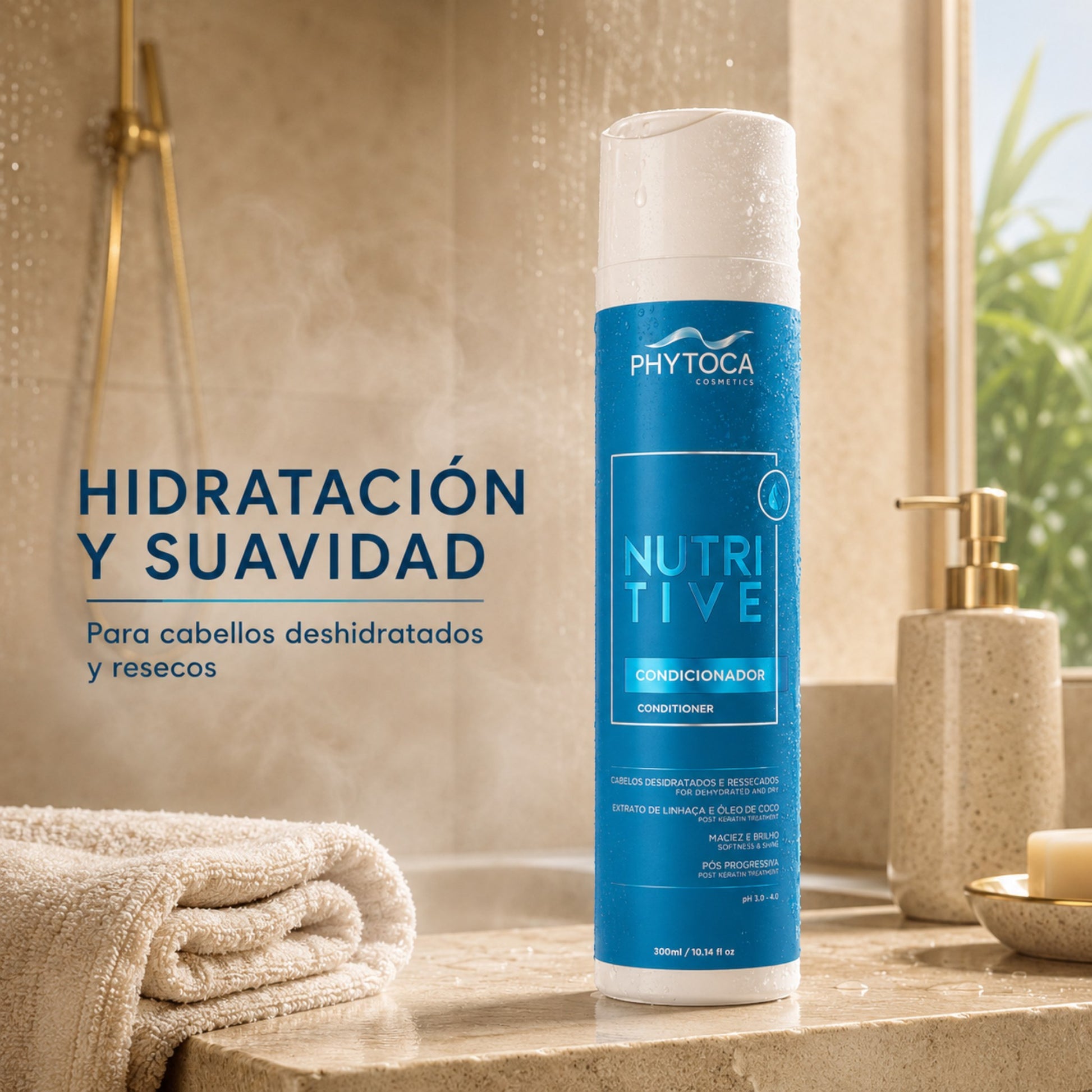 Acondicionador Nutritive de Phytoca USA para cabello seco y deshidratado en un envase azul sobre un tocador de baño.