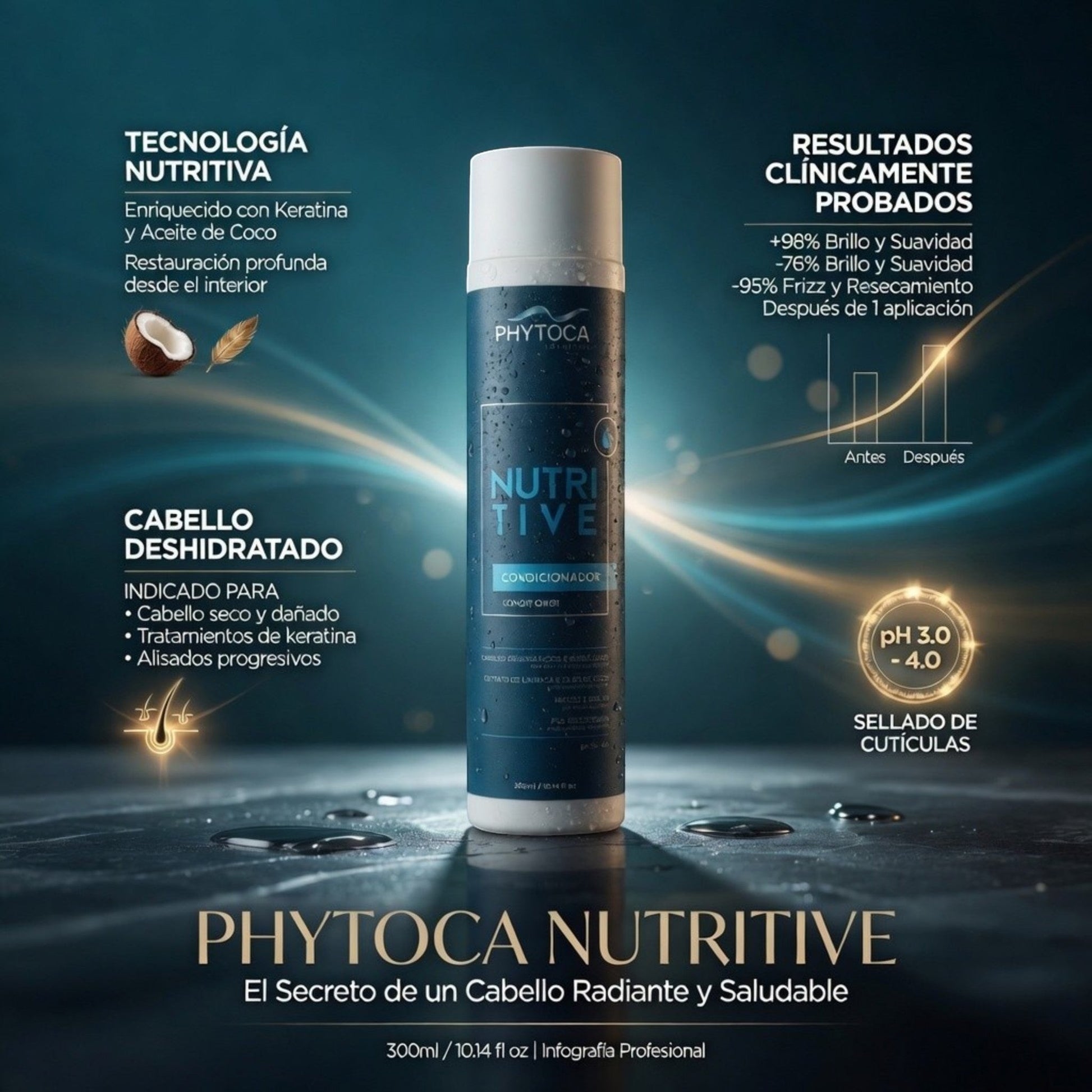 Acondicionador Nutritive de Phytoca USA para cabello seco y dañado con aceite de coco y colágeno en envase cilíndrico.