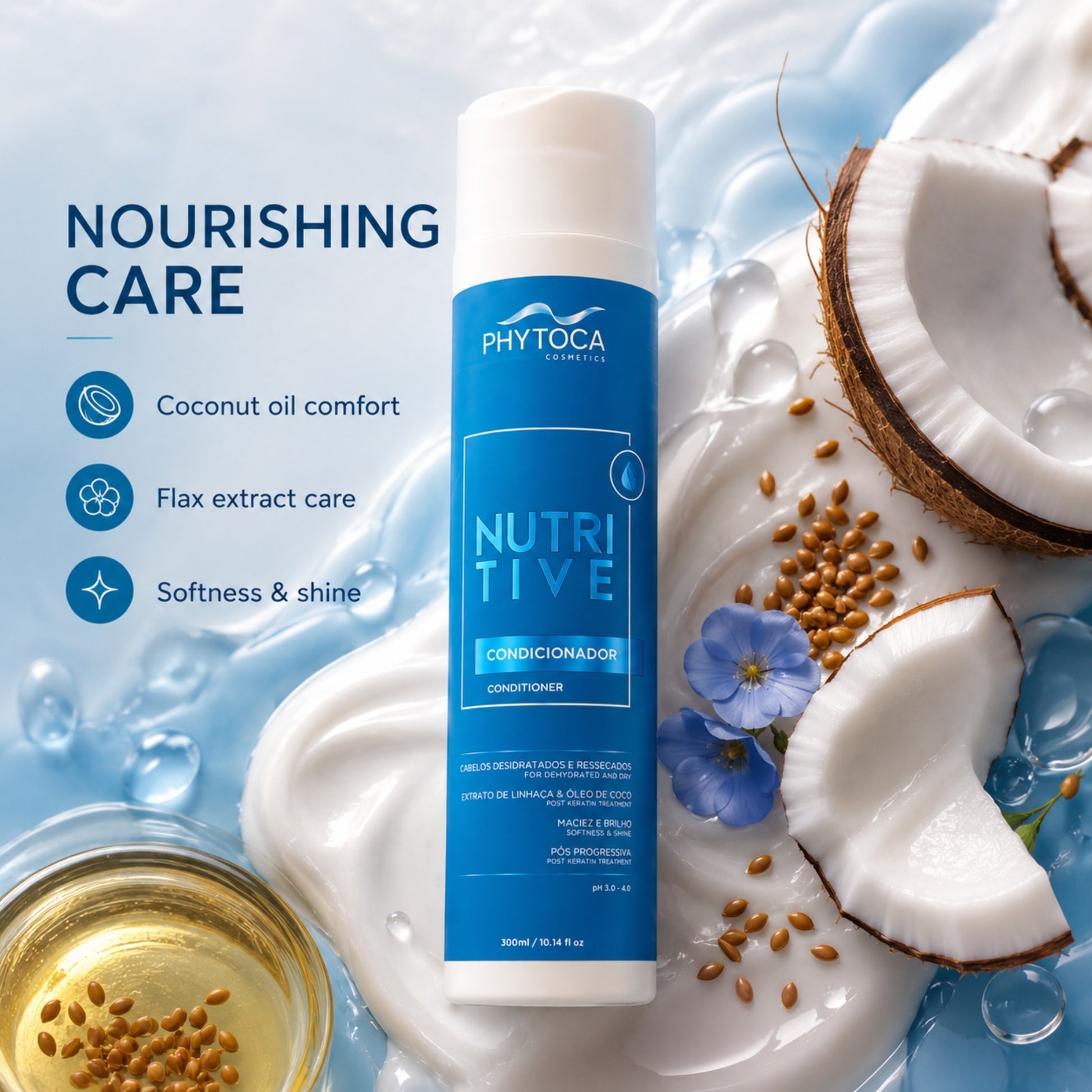 Acondicionador Nutritive de Phytoca USA en frasco azul rodeado de coco, semillas de lino y aceite para cabello seco