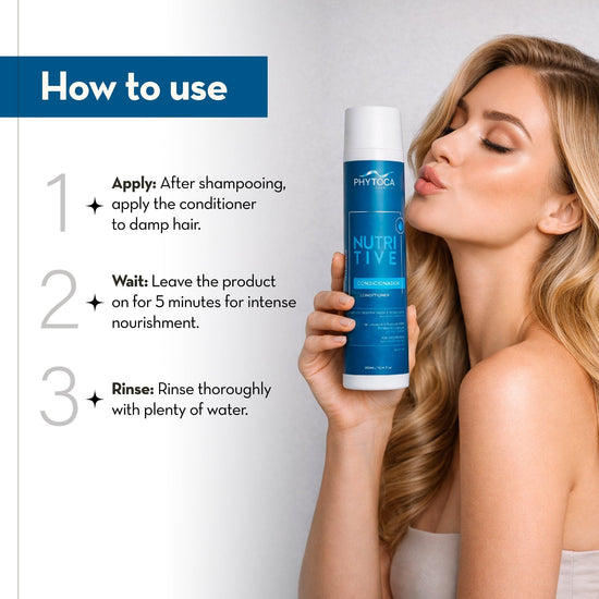 Mujer rubia sosteniendo acondicionador Phytoca USA Nutritive con instrucciones de uso paso a paso para cabello seco