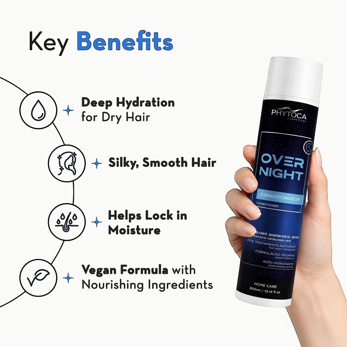 Acondicionador Phytoca USA Overnight en una mano, mostrando beneficios de hidratación, suavidad y fórmula vegana.