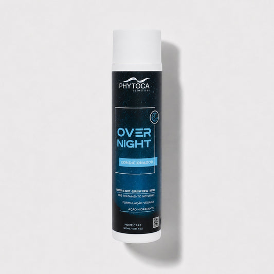 Acondicionador Phytoca USA Overnight en envase cilíndrico azul oscuro con fórmula vegana para cabello seco