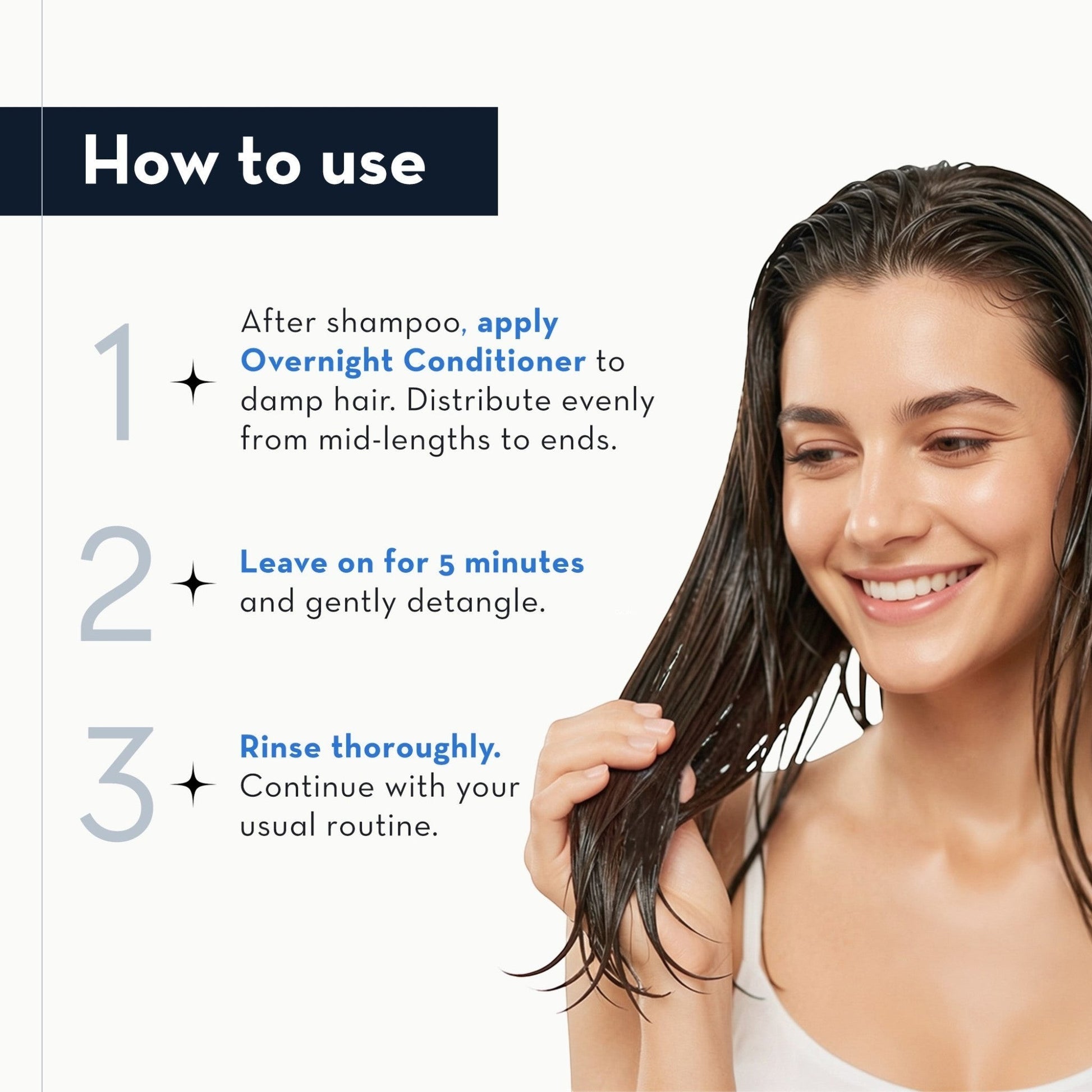 Infografía de Phytoca USA que muestra los pasos para aplicar el acondicionador Overnight en cabello húmedo y brillante
