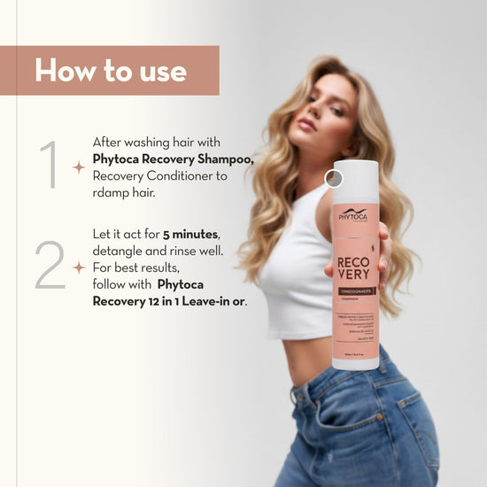 Acondicionador Phytoca USA Recovery para cabello dañado con aceites esenciales, mostrado junto a instrucciones de uso