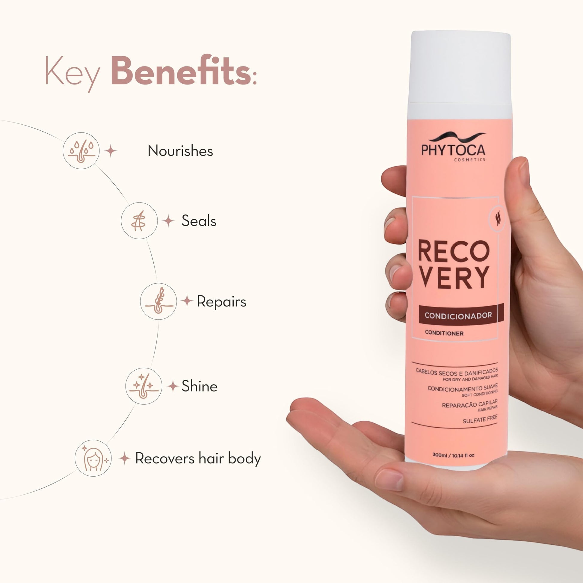 Mano sosteniendo acondicionador Phytoca USA Recovery para cabello dañado y seco en envase rosa de 300ml