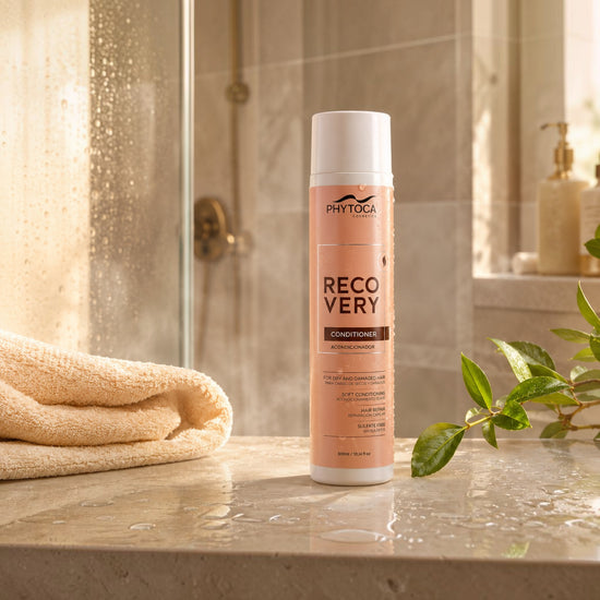 Acondicionador Phytoca USA Recovery para cabello dañado y seco en envase rosa sobre una encimera de baño húmeda.