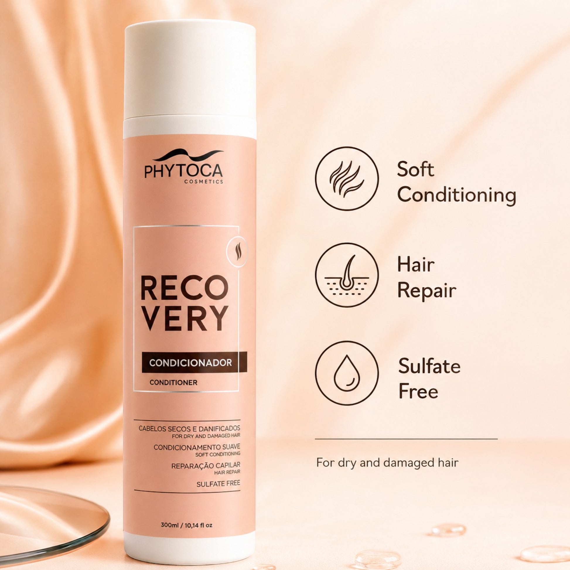 Acondicionador Phytoca USA Recovery para cabello seco y dañado en envase rosa con beneficios de reparación y suavidad