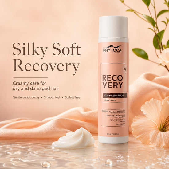 Acondicionador Phytoca USA Recovery para cabello seco y dañado en envase rosa con textura cremosa sobre fondo suave