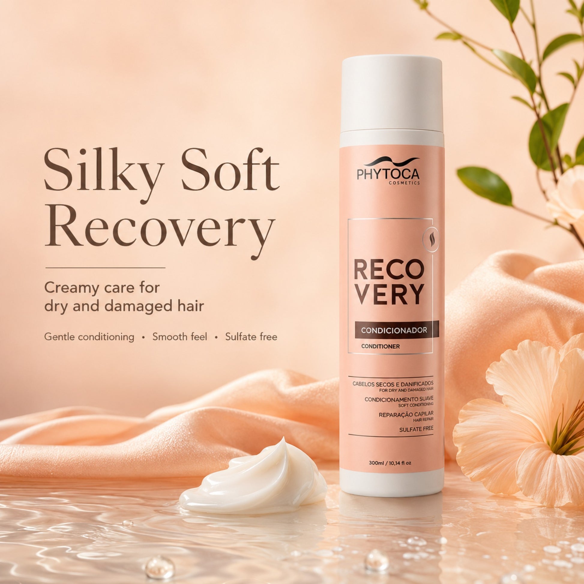 Acondicionador Phytoca USA Recovery para cabello seco y dañado en envase rosa con textura cremosa sobre fondo suave