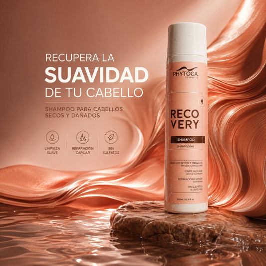 Acondicionador Phytoca USA Recovery para cabello seco y dañado en envase color melocotón sobre una base de piedra