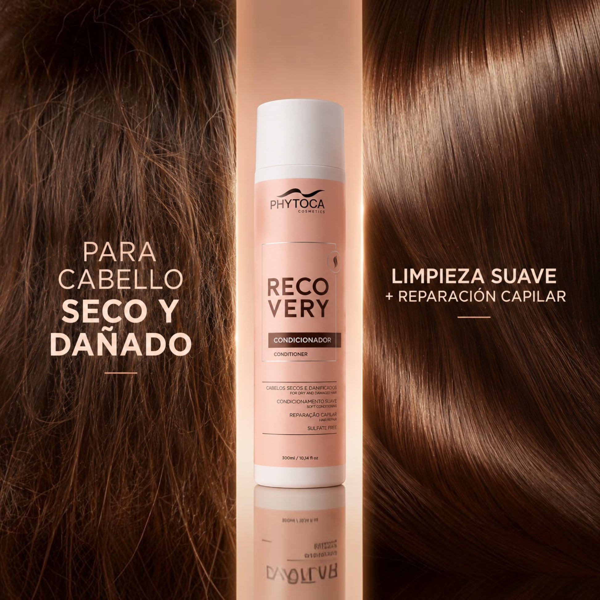 Acondicionador Phytoca USA Recovery para cabello seco y dañado en envase rosa con aceites esenciales reparadores.