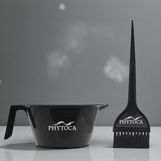 Set de bol y brocha para tinte Phytoca USA de color negro con logo impreso para aplicación profesional de color