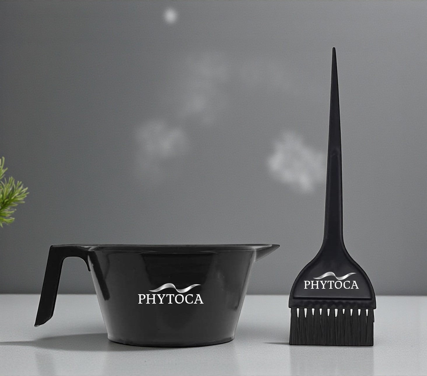 Set de bol y brocha para tinte Phytoca USA de color negro con logo impreso para aplicación profesional de color