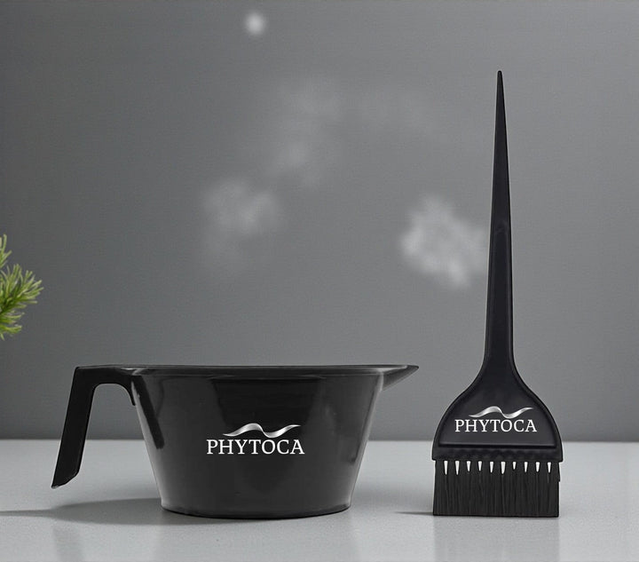 Set de bol y brocha para tinte Phytoca USA de color negro con logo impreso para aplicación profesional de color