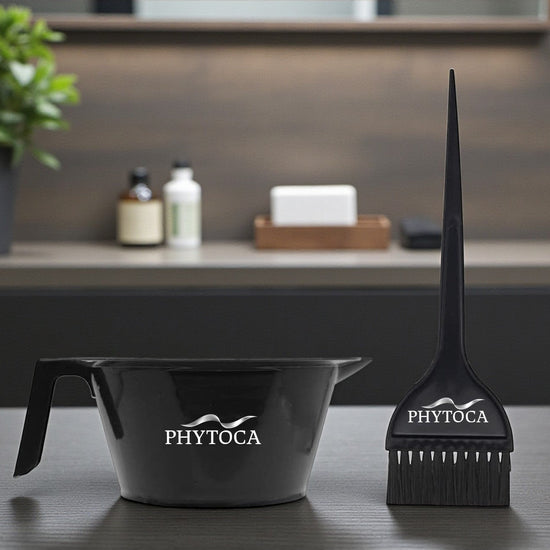Set de bol y brocha para tinte Phytoca USA de color negro con mango ergonómico y cerdas precisas