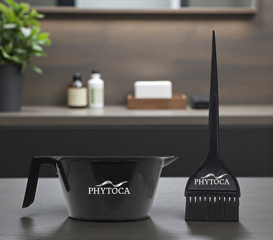 Set de bol y brocha para tinte Phytoca USA de color negro con mango ergonómico y cerdas precisas