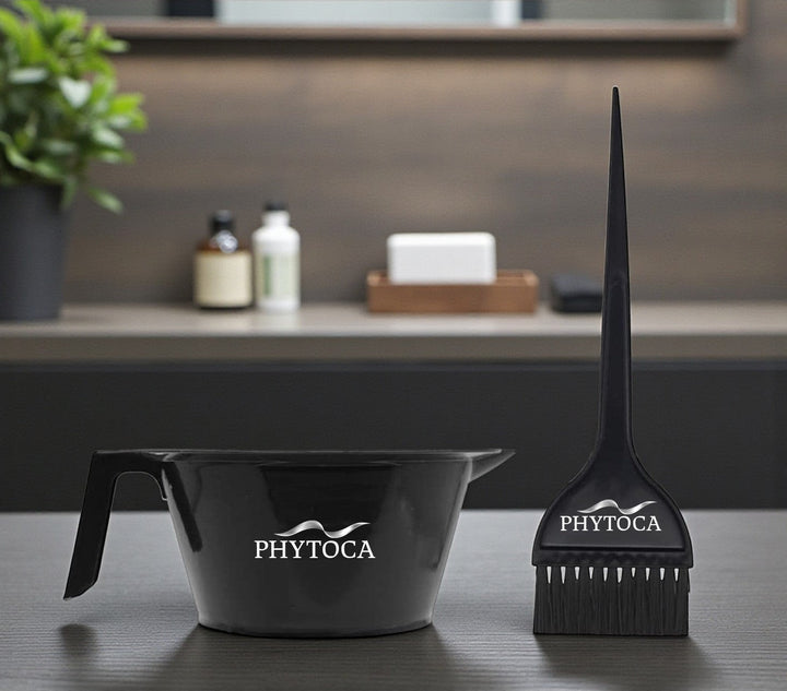 Set de bol y brocha para tinte Phytoca USA de color negro con mango ergonómico y cerdas precisas