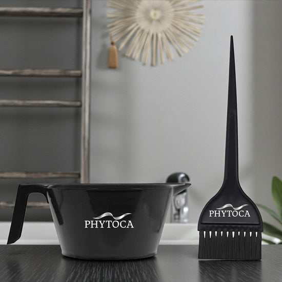 Set de bol y brocha para tinte Phytoca USA de color negro con diseño profesional para peluquería