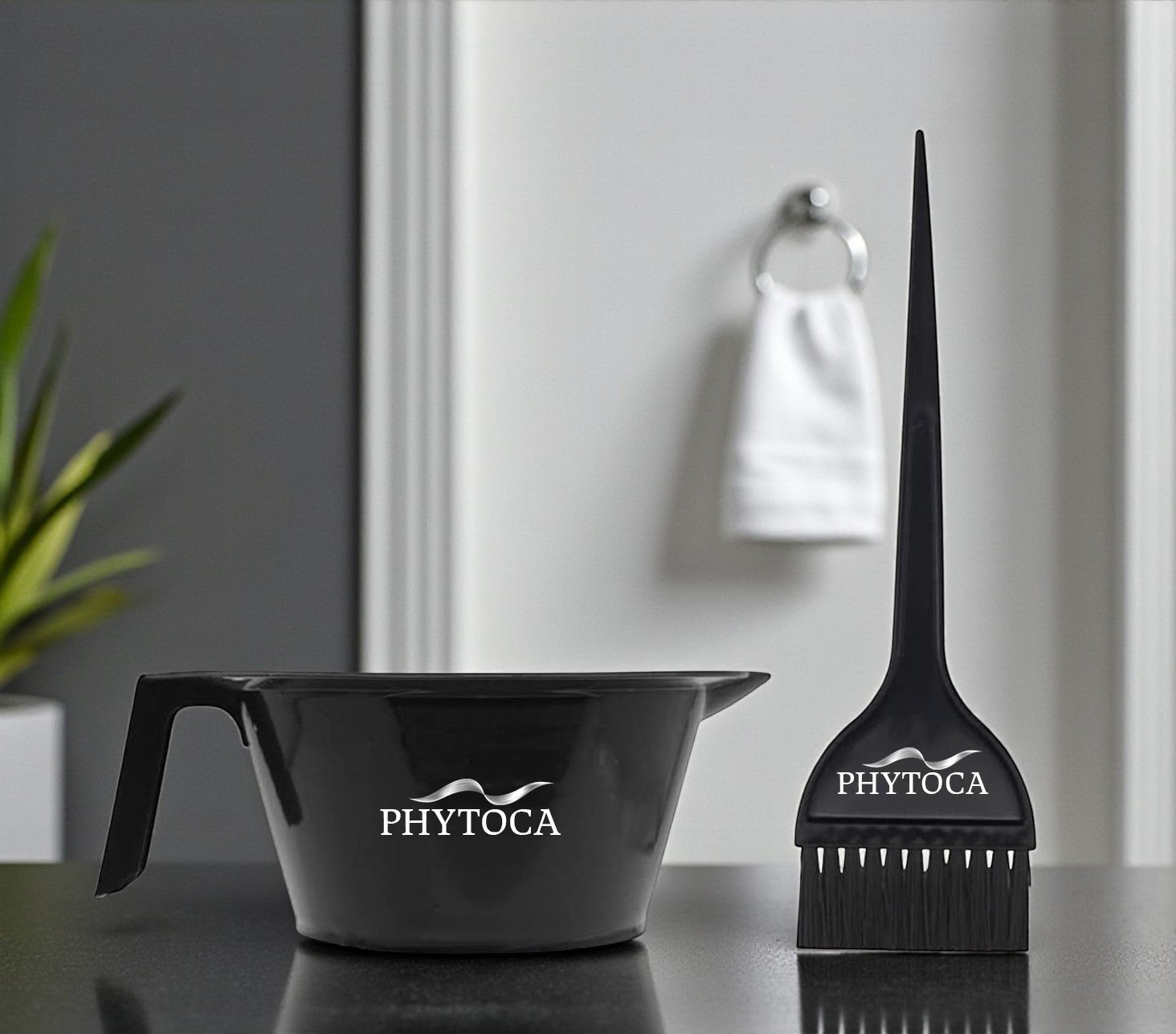 Set de bol y brocha para tinte Phytoca USA de color negro con diseño profesional para peluquería