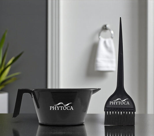 Set de bol y brocha para tinte Phytoca USA de color negro con diseño profesional para peluquería
