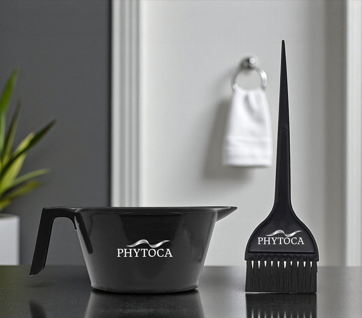 Set de bol y brocha para tinte Phytoca USA de color negro con diseño profesional para peluquería