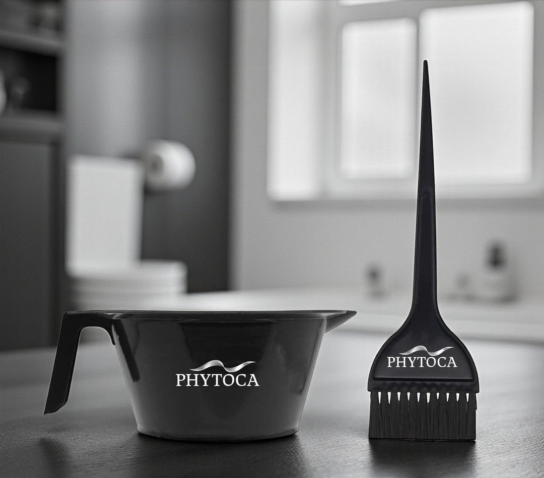 Set de bol y brocha para tinte Phytoca USA de color negro con diseño profesional para peluquería